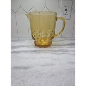 Large Vintage Hazel Atlas‎ Kings Crown Thumbprint Amber Glass Pitcher Yellow